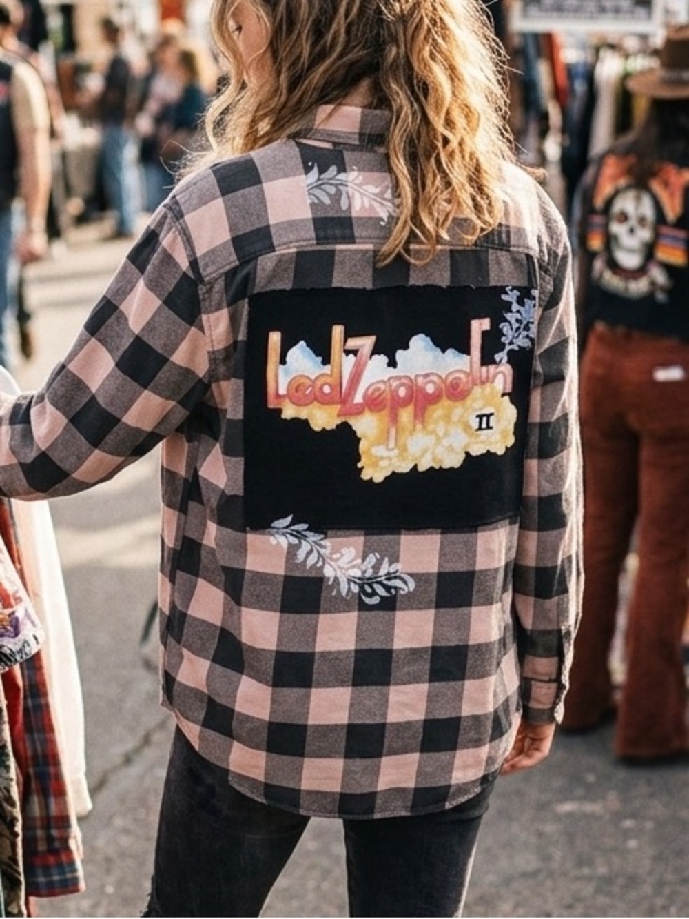 ⁠American Eagle Custom Upcycled Flannel • Led Zeppelin Patch • L⁠arge